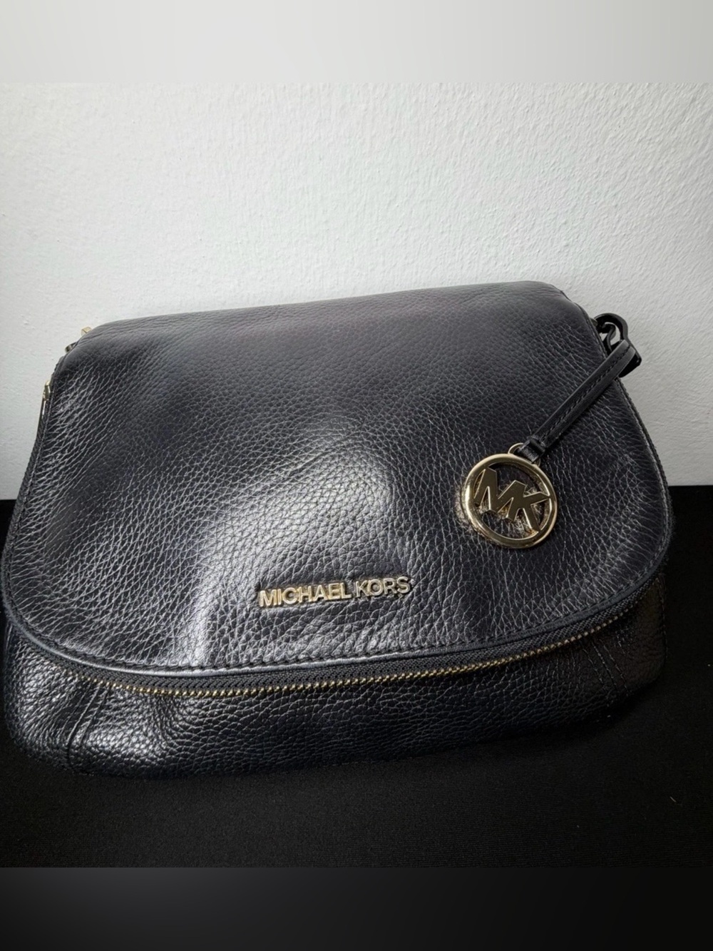 Michael Kors Black Pebbled Leather Crossbody with Gold Logo Charm
